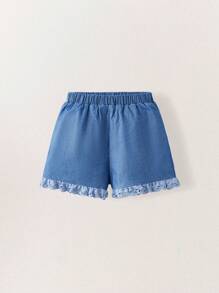 SHEIN Young Girls Embroidered Peter Pan Collar Shirt And Ruffled Shorts Sets