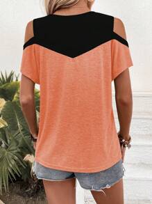 SHEIN LUNE Camiseta gráfica con hombros descubiertos y bloque de color para mujer - Naranja - Ver 2