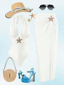 Swim Oasis Đồ bơi một mảnh vải bóng màu ngà thanh lịch dành cho nữ họa tiết sao biển - trắng - Xem 5