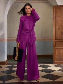 ZEYLAH Women's Belted Linen Wide Leg Pants, Summer Vacation - Purple - View 4