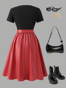 SHEIN Explorewe 青少年女孩夏季圆领短袖 PU 连衣裙，适合派对、通勤、休闲度假、优雅、婚礼、婚礼嘉宾