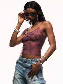 TypaGal Hollow Design Print Mesh Sling, Fashionable Suitable For Summer - Red Violet - View 1