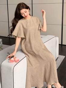 DAZY Plain V-Neck Ruffle-Trim Mid-Length Dress For Women Maxi Dress - Apricot - View 4