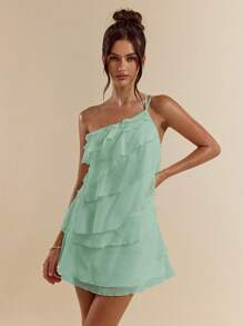 SHEIN BAE 夏季海滩度假纯色杏色分层荷叶蛋糕迷你连衣裙，适合日常约会、夜间外出、夜总会、派对、聚会、鸡尾酒会、泳池派对、返校季服装、学校季连衣裙、节日连衣裙、音乐节服装、乡村音乐节服装、演唱会服装 - 藍色 - 查看 7