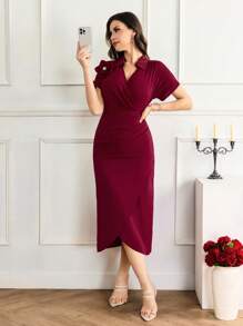 Modelyn Women's Solid Color Applique Elegant Ruffle Short Sleeve Dress Women's Solid Color Crew Neck Short Sleeve Fitted Waist Dress - Red - View 5