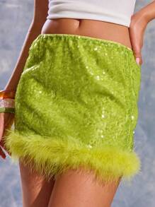 MUSERA 亮片修身蓬松下摆迷你裙，夏季伊比沙岛Y2K酷女孩音乐节锐舞度假俱乐部可爱欧式梦幻派对场合闪亮假日嘉年华复活节 - 綠色 - 查看 1