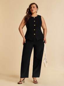 SHEIN BAE Summer Beach Vacation Plus Size Clothing Holiday Clothing Party Gathering, Date Travel, Go Out, Music Festival Clothing, Concert Clothing, Country Music Festival Clothing, Metal Flower Button Commuter Suit Vest Suit Suit Office Suit Work Wear - Black - View 4
