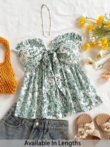 SHEIN PETITE CURVE Blusa sin mangas con volantes y nudos estampados para mujer talla grande