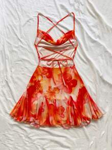 Soleia 女士假日蓝白细肩带垂坠领露背蝴蝶结美人鱼迷你连衣裙，性感度假气息，适合约会、下午茶、海滩、游轮、城市旅行、四季、音乐节、波西米亚度假、波西米亚风服装 - 橘色 - 查看 2