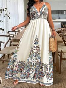 SHEIN LUNE Plus Size Deep V-Neck Print Adjustable Waist A-Line Dress, Suitable For Outing, Vacation, Dating And Party - Multicolor - View 2