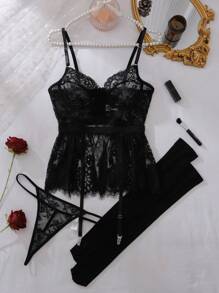 SHEIN 女士性感三件套蕾丝内衣套装，适合外出穿着 - 黑色 - 查看 6