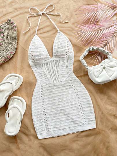 Soleia Vestido ajustado de punto con escote en V y espalda descubierta con tiras para vacaciones, vestido degradado con tiras atadas para vacaciones, citas, té por la tarde, festivales de música, estilo bohemio, playa, verano