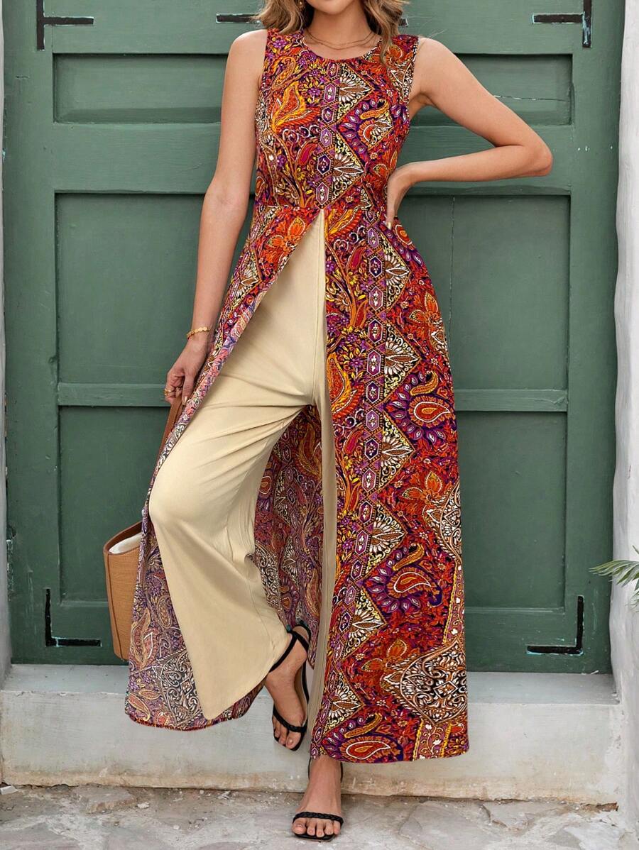 SHEIN Clasi Bộ đồ liền thân in họa tiết resort thanh lịch dành cho nữ có thiết kế xẻ tà, cổ tròn, dài đến mắt cá chân - Nhiều màu - Xem 1