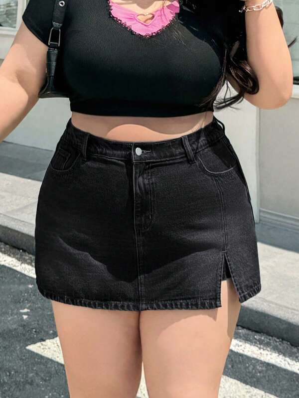 SHEIN ICON Falda vaquera casual con bolsillos y abertura lateral para mujer de talla grande