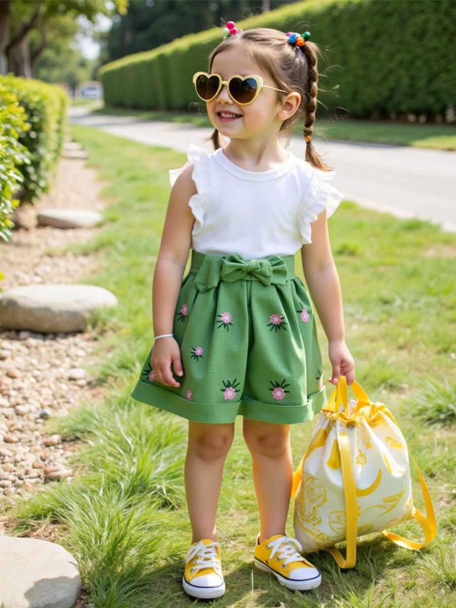 SHEIN Baby Girl 2 Pieces Ruffled Trim Sleeveless Tank And Printed Shorts Set, Summer - White - View 1