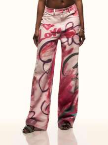 TypaGal 涂鸦印花斜罗纹棉质直筒裤，夏日时尚