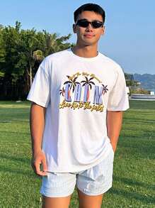 DAZY Camiseta blanca de playa de verano para hombre con estampado gráfico de letras y palmeras, ropa de otoño - Blanco - Ver 1