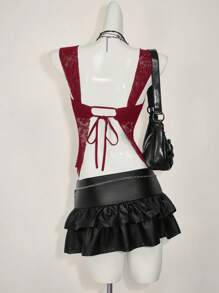 SHEIN ICON 女式蕾丝后背系带开衩性感时尚背心 - 酒紅色 - 查看 2