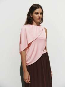 SHEIN LUNE Blusa de moda para mujer con un hombro, cuello con volantes y bajo asimétrico - Rosa Pálido - Ver 4