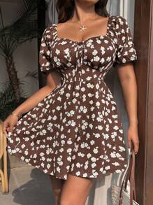 Sunnyshic Plus Size Women's Off Shoulder Ditsy Floral A-Line Dress, Vacation - Brown - View 5
