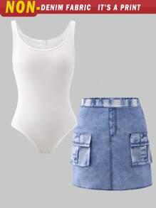 SHEIN Set de 2 piezas para chicas preadolescentes: Top de punto de cuello cuadrado de unicolor y mono con tirantes, talla grande falda mini estilo denim con estampado de teñido anudado en azul, conjunto de verano