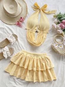 Soleia 波西米亚风、波西米亚风、浪漫花卉、度假、花卉女式 2 件套：挂脖镂空挂脖露背吊带背心 + 分层迷你黄色裙子，针织纹理面料，适合节日、约会、下午茶、度假、音乐节、波西米亚风格露肩圣诞节上衣，适合学校返校服装女装返校女装秋装哥特女装俱乐部服装女装性感万圣节服装俱乐部连衣裙外出服装音乐会服装乡村音乐会服装、派对 - 黃色 - 查看 3