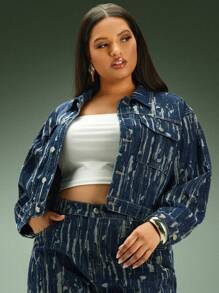 Denimoi 大码女式前扣做旧牛仔夹克 - 深色水洗藍 - 查看 4