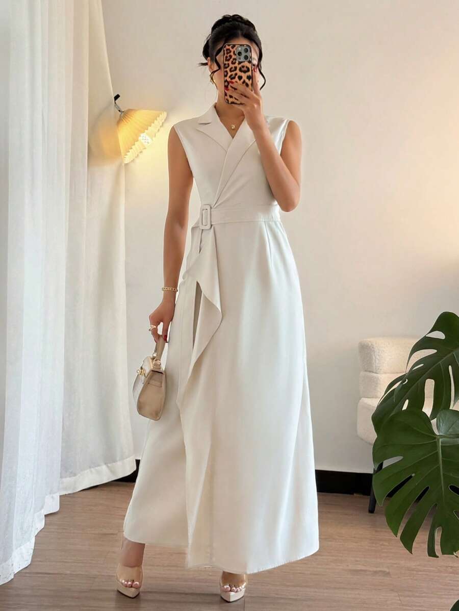 Elenzga Women's Elegant Off-White Summer Sleeveless Dress With Crisscross Tie Waist,Ruffled Hem&Adjustable Buckle For Tea Party,Vacation,Office,Commuting - Apricot - View 1