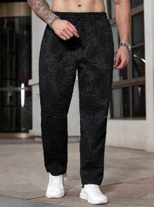 Manfinity CasualCool Pantalones casuales rectos y holgados para uso diario para hombres de talla grande, apropiados para salidas y vacaciones, con estampado de flores vintage rosa clásico en tejido jacquard texturizado, con cintura elástica y diseño de cierre, moda y práctico, regalo ideal para novio o esposo