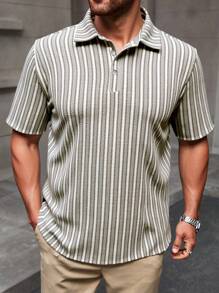 Manfinity Homme Plus Size Men's Striped Short Sleeve Casual/Business POLO Shirt For Summer - Coffee Brown - View 3