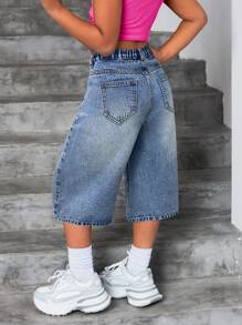SHEIN 少女时尚休闲Y2K复古蓝色舒适宽松阔腿三英寸牛仔裤，适合少女日常穿着，柔软舒适，也适合少女春夏派对、节日和海滩穿着。