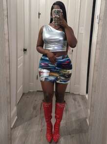 Slaydiva Women One Shoulder Crop Top & Bodycon Skirt Two Pieces Outfits For Daily Wear, Rave - Multicolor - View 3