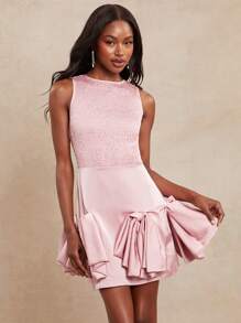 NYA SZN 连衣裙迷你蝴蝶结露肩夏季优雅俱乐部荷叶边毕业外出新娘婚礼宾客特殊场合缎面柔和服装女士 - 粉色 - 查看 4