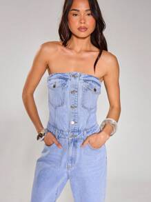 MUSERA 无袖纽扣牛仔连体裤，酷女孩春夏趣味生日时尚款 - 淺色水洗藍 - 查看 4