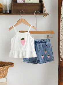 2pcs/Set Baby Girl Spring&Summer Casual Style Strawberry-Shape Sleeveless Slip Top&Short Jeans - White - View 8