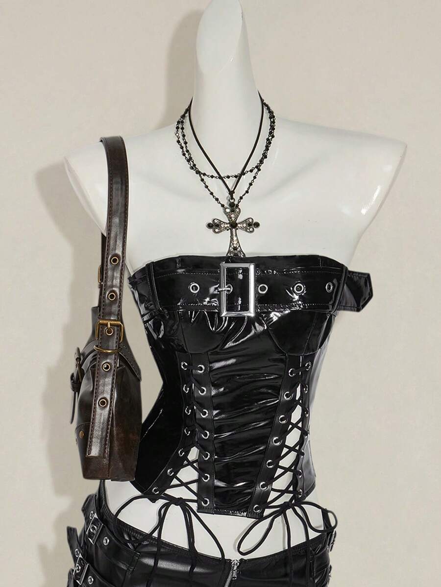 SHEIN ICON Y2K 女式乡村音乐会嬉皮黑色哥特风 PU 镂空系带露脐胸衣上衣，时尚 - 黑色 - 查看 1