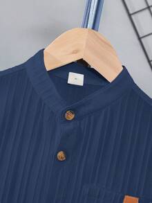 SHEIN 青少年男孩休闲纹理罗纹领和口袋长袖衬衫，适合学校、日常穿着和商务穿着 - 藏蓝色 - 查看 3