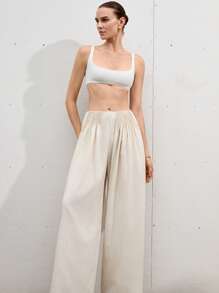 Femmeiva Beige Autumn Modest Vacation Holiday Women's Faux Linen High Waist Wide Leg Palazzo Pants,Luxurious Old Money Design Feminine Commuter Smart Trousers - Apricot - View 4