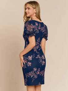 Amorya 女士优雅花卉印花贝壳领串珠拼接短袖修身迷你连衣裙 - 藏蓝色 - 查看 2