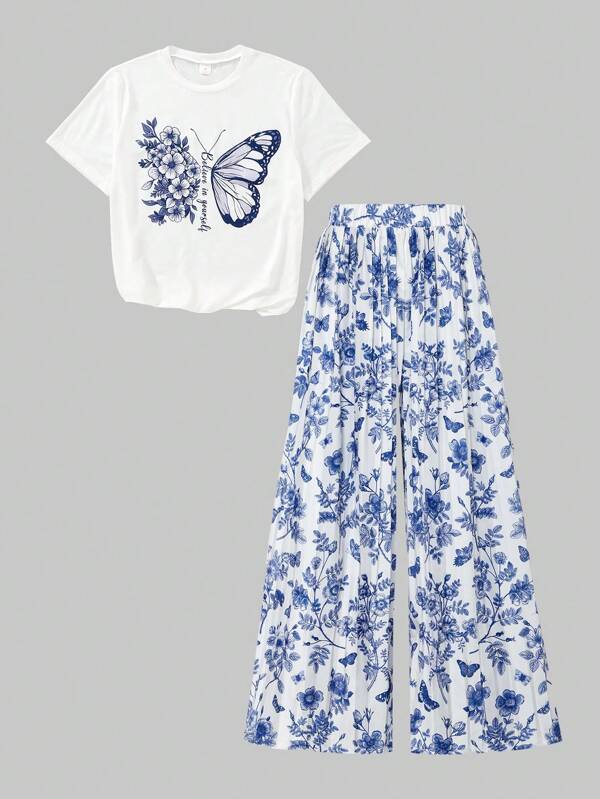 SHEIN 2pcs Teenage Girls Butterfly Print Loose Round Neck T-Shirt & Pleated Long Pants Set, Casual Comfortable Vacation Wear, Summer Young Girls Sets Summer Outfits For Girls Teen Girls Sets Outfit For Girls Teen Girls Sets Sets For Girls Clothes Set Outfit For Girls