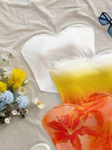 Soleia Casual Vacation Style Tie-Dye Tie Dye Lily Pattern, Orange & Yellow Tie Dye, White Solid Color, Asymmetrical Hem Bandeau Top, Vintage Retro Style, Casual Vacation Style, Sexy, Cute, Y2K, Coconut Girl, Boho, Vacation, Spring Break, Brunch-Ready, Baby Blue, Girls Trip, Neon Beach Vibes, Bohemian, Hippie, Music Festival, Suitable For Summer - Multicolor - View 6