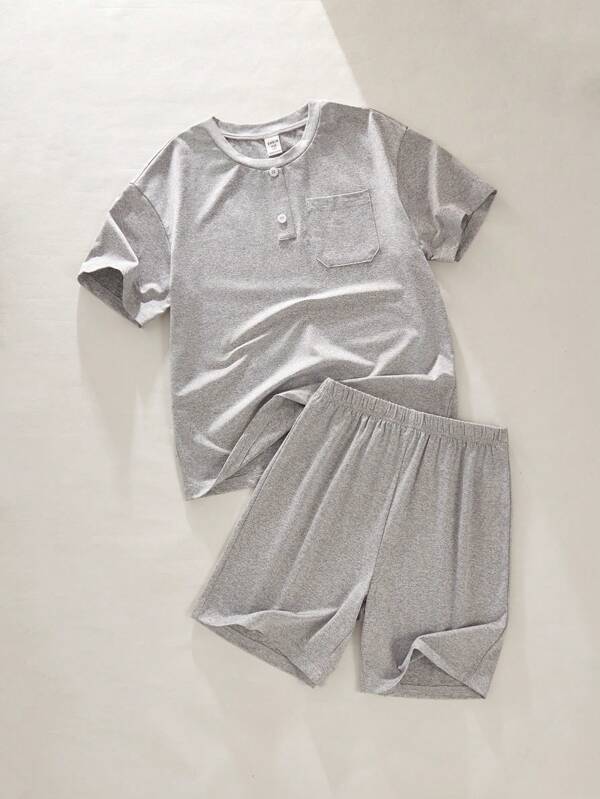 9PCS Sets Boy's Simple Fashion Versatile Light Gray Solid Color Short Sleeve Shorts Casual Loose Pajamas