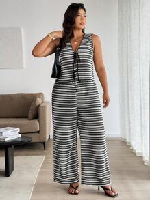 Easura 2pcs/Set Plus Size Women Summer Striped V-Neck Lace Tie Front Camisole & Pants Set