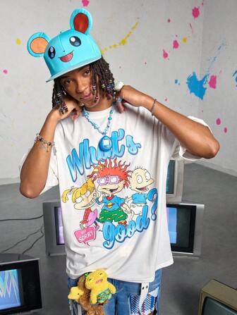 Nick 90's X ROMWE Maglietta casual a maniche corte da uomo con collo tondo, grafica a lettere e cartoni animati