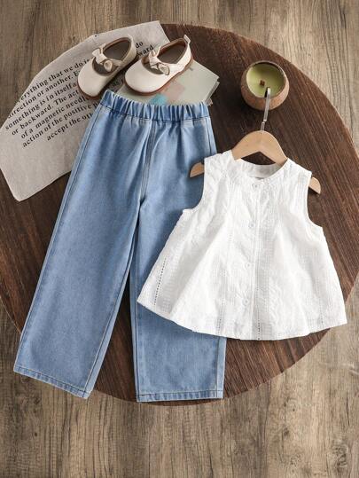 女童无袖开衫休闲上衣搭配牛仔长裤套装，适合夏季穿着
