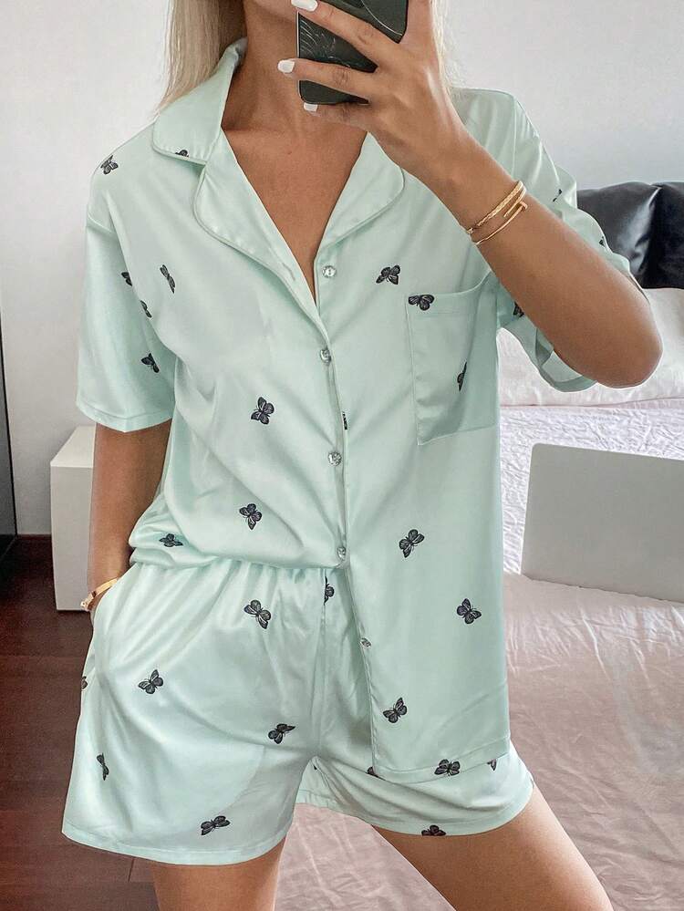 Satin Butterfly Allover Print Short Sleeve & Shorts Women Pajama Set
