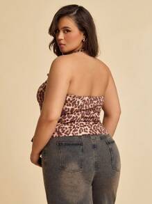 SHEIN BAE Regata de Estampa de Leopardo Vintage Marrom com Decote em V para Mulheres Plus Size, Ideal para Praia, Férias, Encontros, Saídas, Festivais de Música, Festivais de Música Country, Festas, Feriados, Concertos, Carnaval, Estilo Hippie, Traje Profissional - Multicolorido - Visão 3