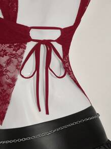 SHEIN ICON 女式蕾丝后背系带开衩性感时尚背心 - 酒紅色 - 查看 10