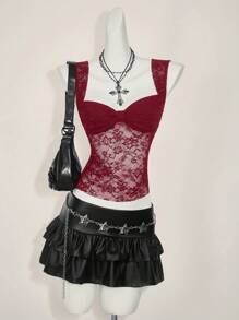 SHEIN ICON 女式蕾丝后背系带开衩性感时尚背心 - 酒紅色 - 查看 11