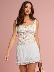 Enchnt Spring/Summer Frenchy Romantic Women's Fashion Ditsy Floral Embroidery Lace Stitching Camisole Tank Tops, Suitable For Summer,Sweet&Holiday &Vacation&Sweet Date Night&Daily Commuting&Afternoon Tea Dress&Garden Parties - Apricot - View 3